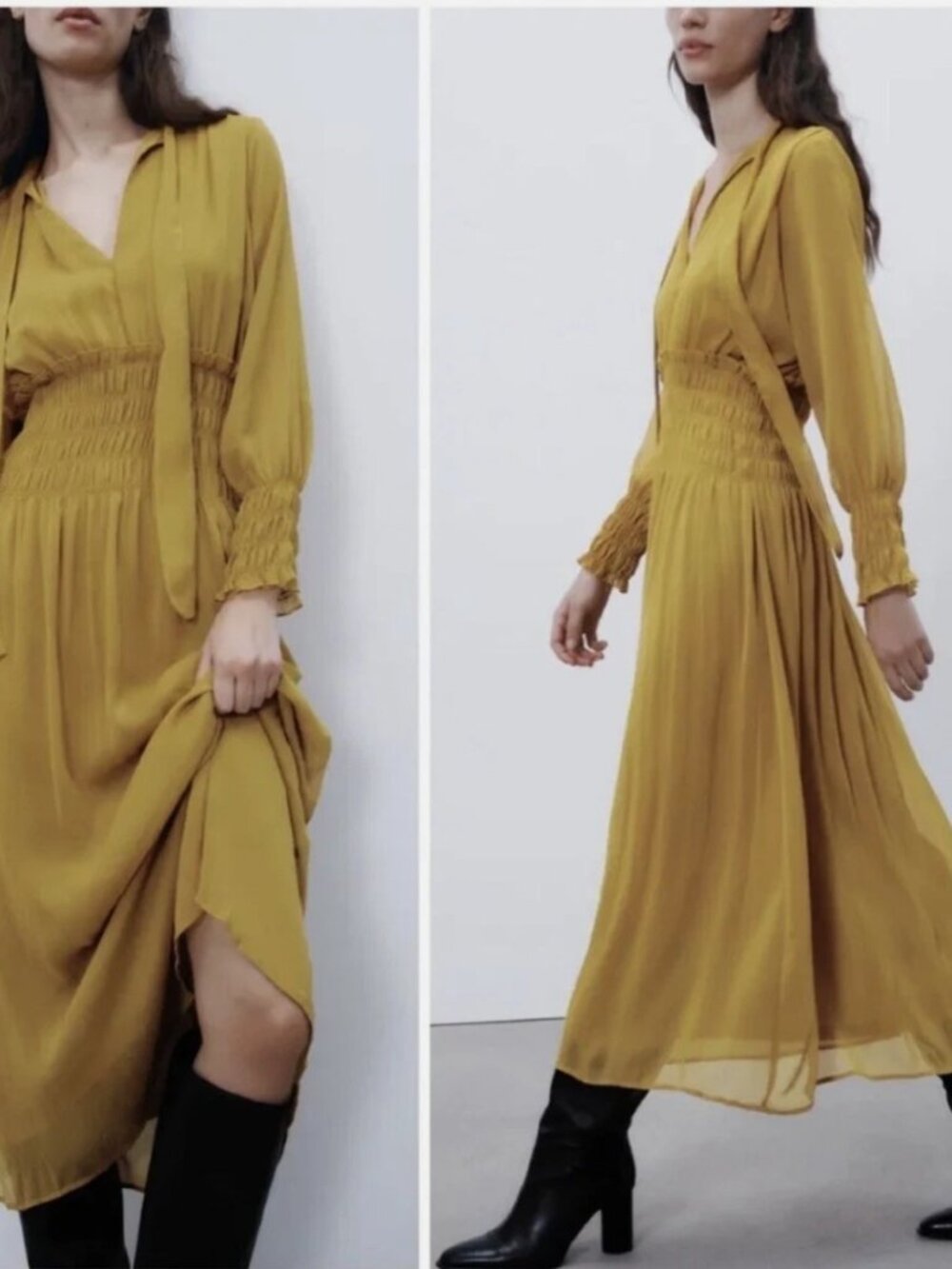 Zara Mustard Tie Neck Smocked Waist Maxi Dress Size S